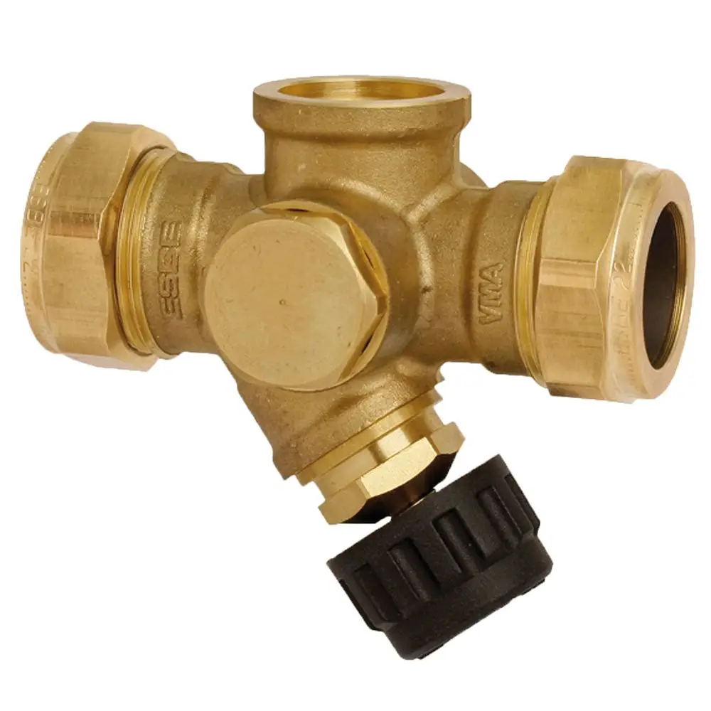 Brass valve from ESBE with three connections and a black plastic adjustment knob, showcasing a compact design suitable for fluid regulation.